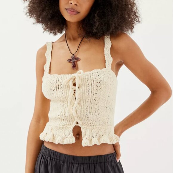 UO Carmella Lace-Up Sweater Tank Top in Ivory - Picture 2 of 7